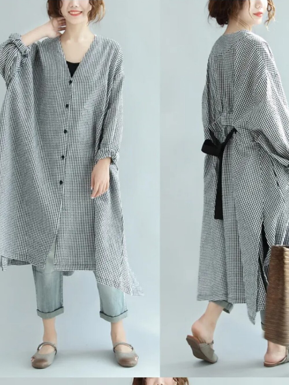 Ellazhu Gingham Button Lounge Shirt Dress